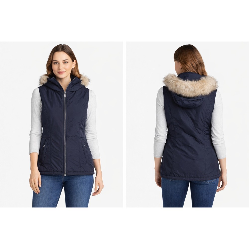 Mountain Hardwear Black Faux Fur Hooded Puffer Vest Womens Medium Solid Zip